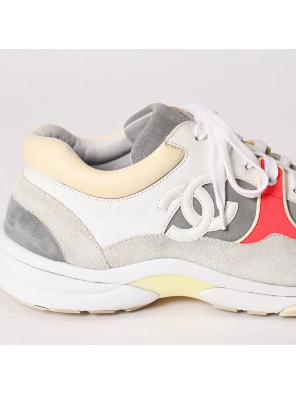 Chanel CC Logo Suede Sneakers White Gray